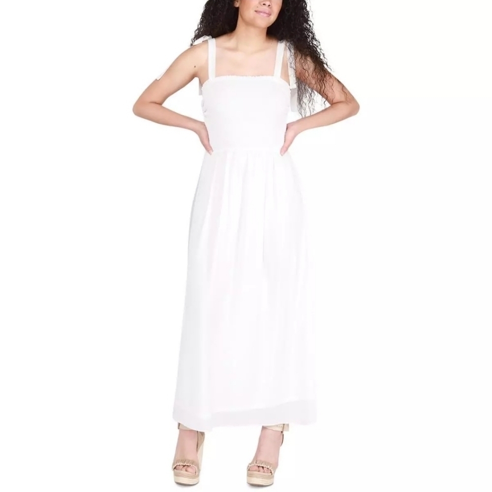 Black Tape_ Womens White Chiffon Sleeveless Long Maxi Dress Smocked Sz M